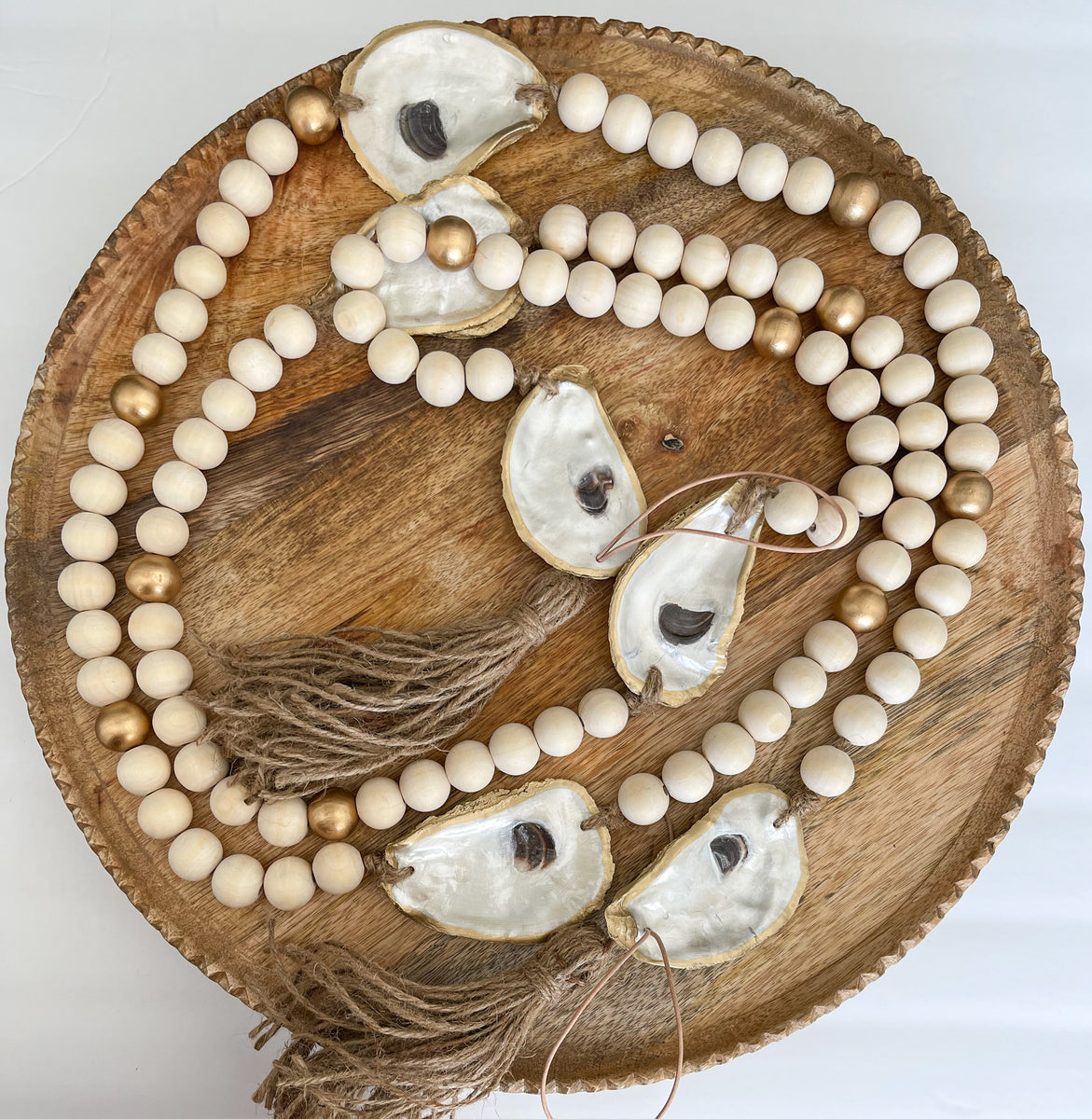 Oyster Shell Wooden Bead Garland with Tassels - Made on Maidstone