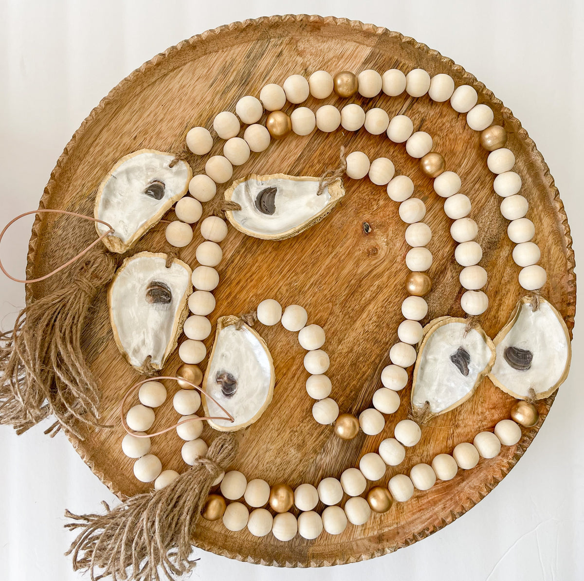 Oyster Shell Wooden Bead Garland with Tassels - Made on Maidstone