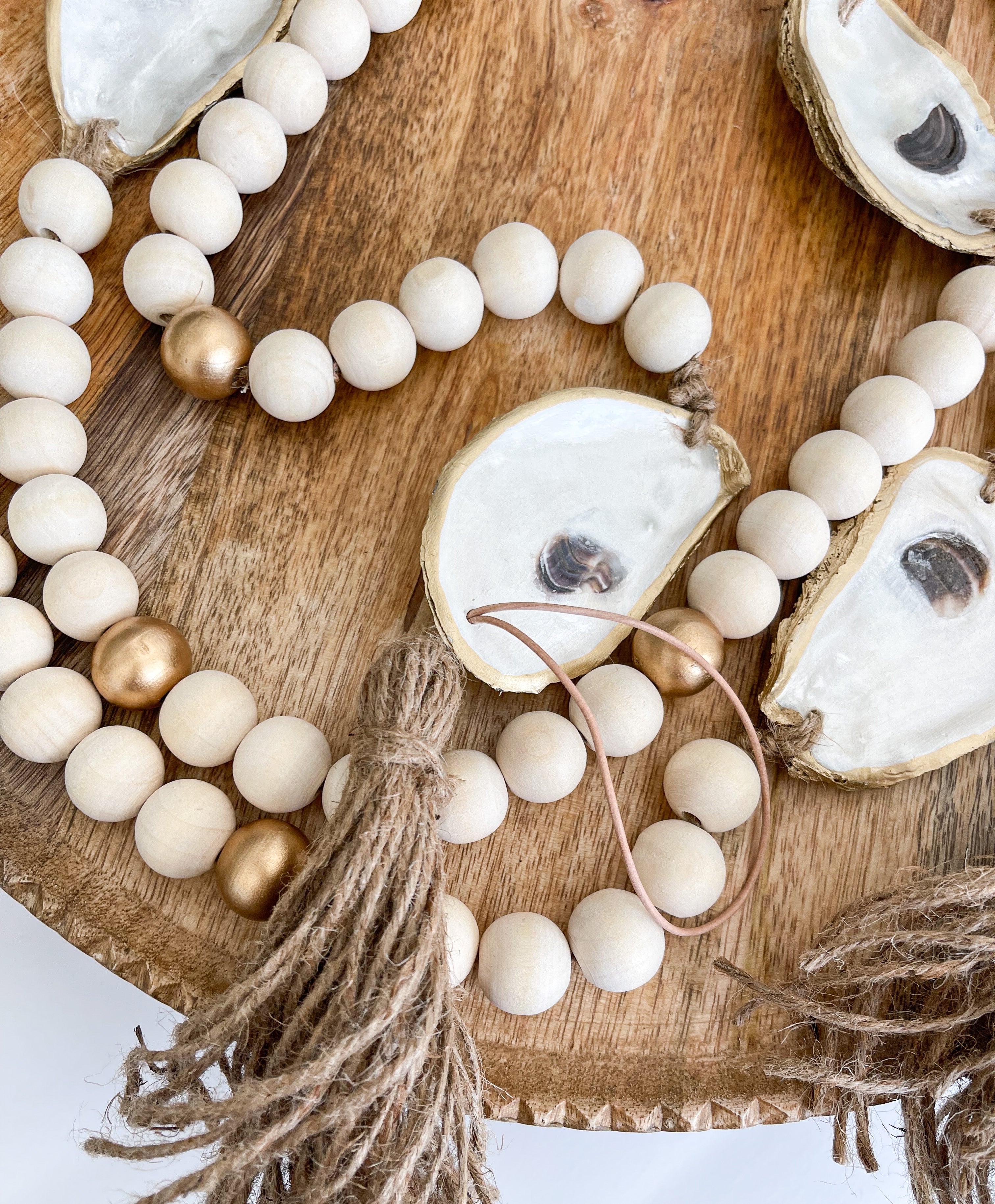 Oyster Shell Wooden Bead Garland with Tassels - Made on Maidstone